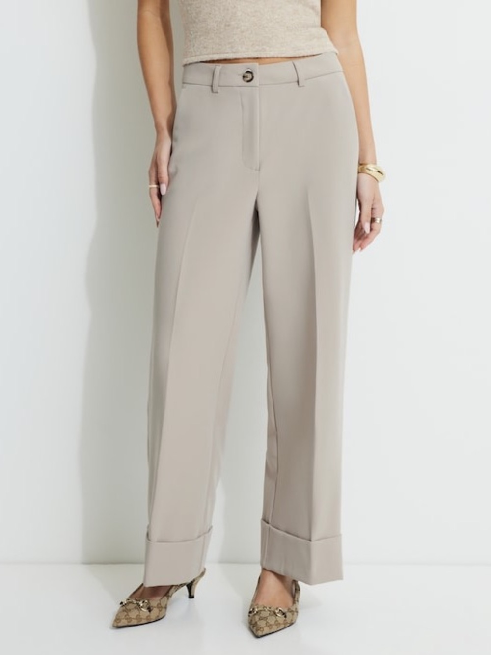 Dynamite| Neutral Max Cuffed Ankle High-Rise Trouser Pants in Light Beige Sz 6